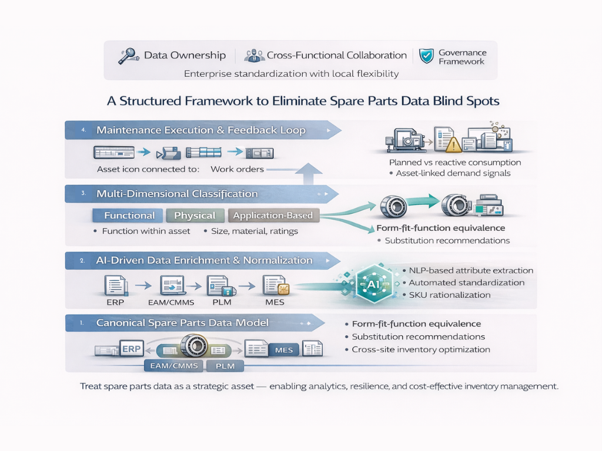 A layered infographic showing a structured framework to eliminate spare parts data blind spots, from canonical data and classification to AI enrichment, substitution intelligence, and maintenance execution.